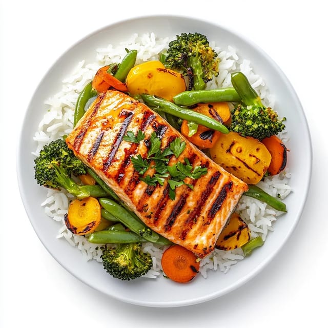 Grilled Salmon Rice Bowl.